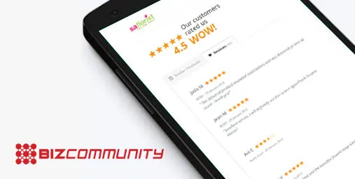 Tablet displaying a website with customer feedback on a white background, featuring the Bizcommunity logo.