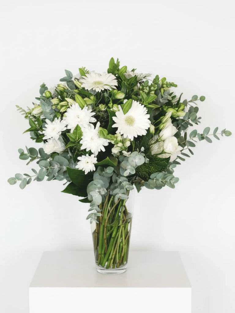 Bouquet of white flowers and greenery in a clear vase on a white surface with a white background