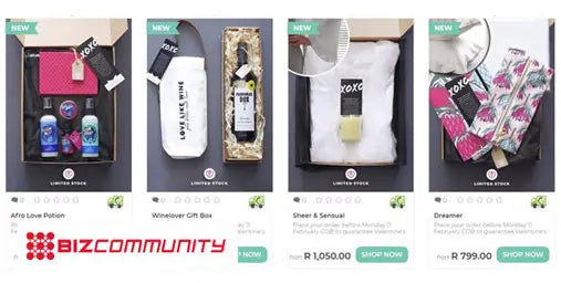 Various product packages with visible branding on a gray background, featuring the Bizcommunity logo.