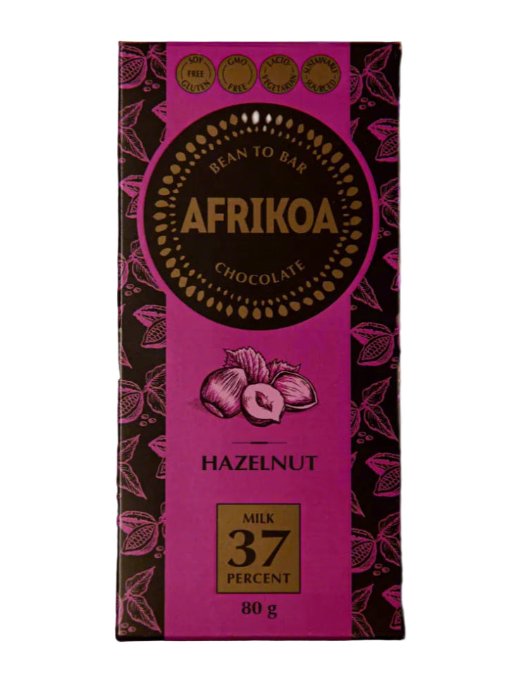 Afrikoa 80g milk chocolate bar with hazelnuts, 37% cocoa, pink and brown packaging, award-winning, crunchy snack.