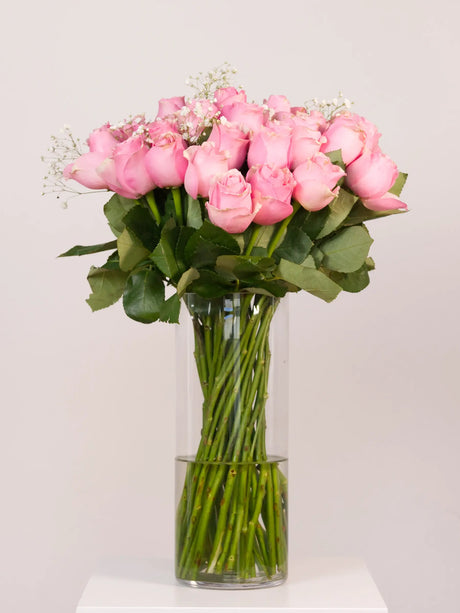 Bouquet of pink roses in a clear vase on a white background