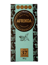 Afrikoa 37% milk chocolate bar, 80g, with Tanzanian cocoa beans and South African ingredients in decorative packaging.