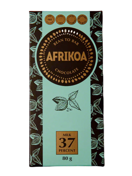Afrikoa 37% milk chocolate bar, 80g, with Tanzanian cocoa beans and South African ingredients in decorative packaging.