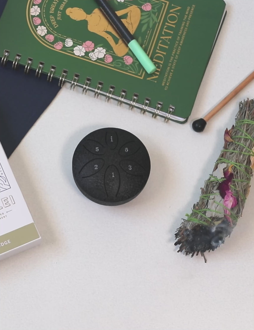 Sage & Song Mindful Gift Set featuring a meditation journal, sound device, and sage bundle for calming wellness and reflection.