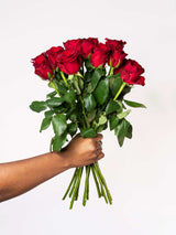 Bouquet of 12 red roses held in hand, symbolizing romantic love and commitment, perfect for special occasions and meaningful gestures.