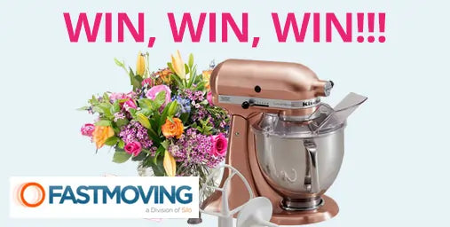 Rose gold KitchenAid mixer with flowers and 'WIN, WIN, WIN!!!' text on a light blue background.
