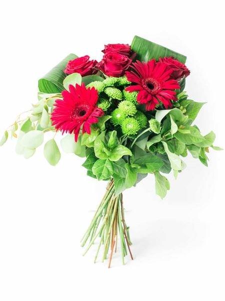 Blooming Heart Bouquet with red roses, cerise gerberas, lime green buttons; a vibrant floral arrangement for a special someone.