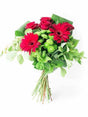 Blooming Heart Bouquet with red roses, cerise gerberas, lime green buttons; a vibrant floral arrangement for a special someone.