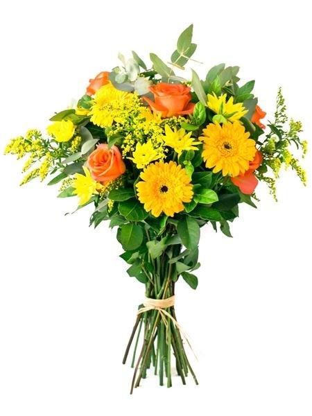 Bright and Breezy bouquet with yellow gerberas, chrysanthemums, orange roses, and lush greenery, supporting local South African florists.