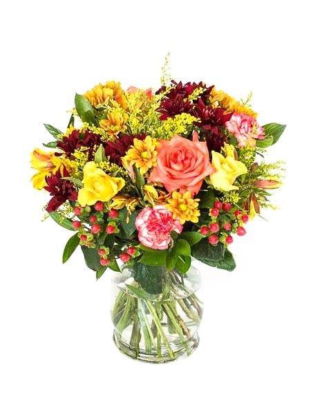 Bright Country Vase Arrangement featuring colorful roses and seasonal flowers in a clear vase, perfect for gifting and celebration.
