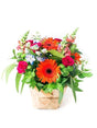 Bright posy with orange gerberas, cerise and orange roses, blue delphinium, and maroon snapdragons arranged beautifully for great value.