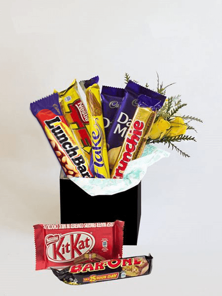 Gift box with BarOne, Crunchie, Lunch Bar, KitKat, Tex, Flake, and Cadbury's Top Deck chocolates. Support local South African businesses.