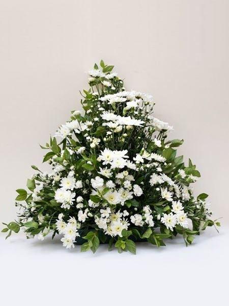 Flat Back Spray Arrangement with white chrysanthemum, mini carnations and greenery for the front of the church or chapel.