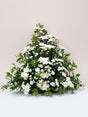 Flat Back Spray Arrangement with white chrysanthemum, mini carnations and greenery for the front of the church or chapel.