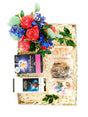 Gift box with orange roses, strawberry biscuits, nougat, biltong, liquorice, and Lindt chocolate for a delightful treat.