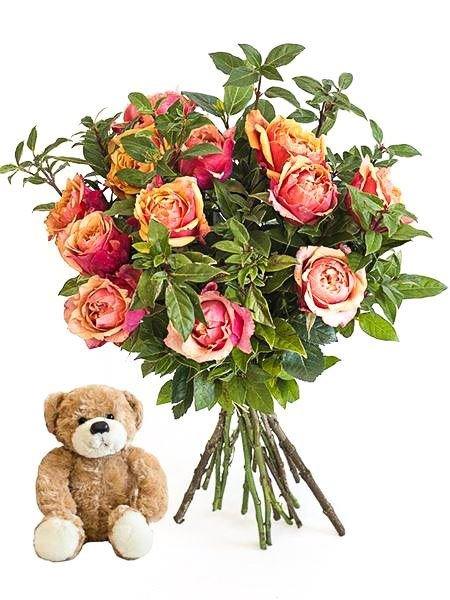 Orange Roses with a Small Teddy Small (8 Roses) Bloomable