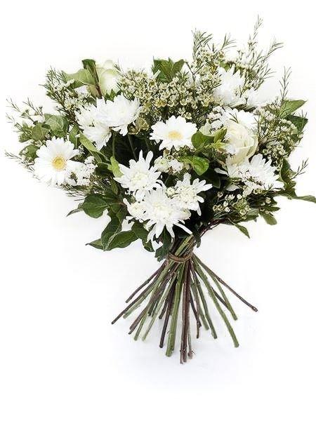 Pure white and green bouquet for sympathy or classic floral gifts, featuring seasonal variations, supporting local florists.