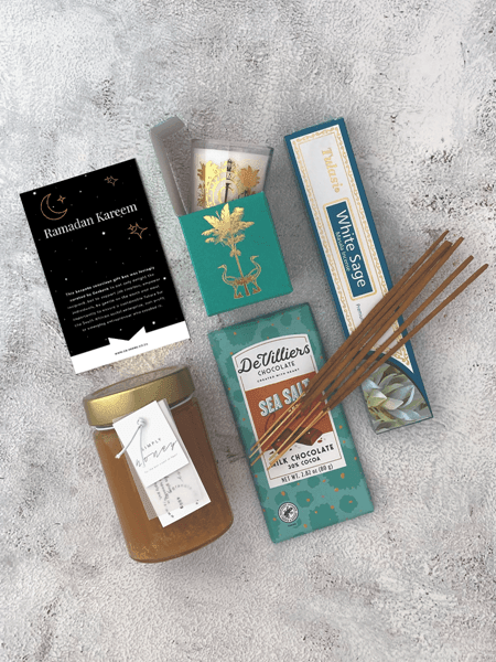 Ramadan Gift Box with sea salt caramel chocolate, pure honey, White Sage Masala Incense, Cape Island Candle, celebration spirit.