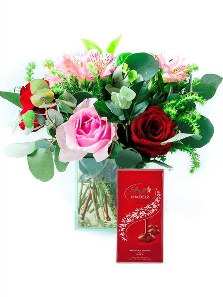Romantic Rose + Lindt Treat Small (12x12cm Vase) (As Shown) Bloomable