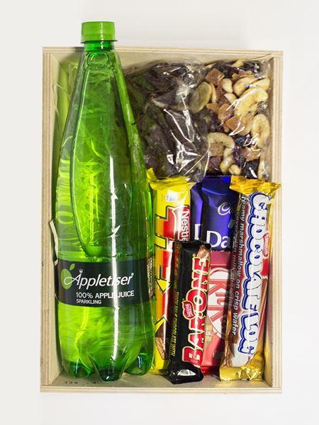 Snack Time hamper with Appletiser, assorted chocolates, biltong, and Hawaiian mix for a perfect gift or personal treat.